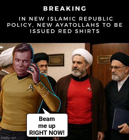 Captain Kirk escapes red shirt of Doom | Beam me up RIGHT NOW! | image tagged in captain kirk,red,shirt,doom | made w/ Imgflip meme maker