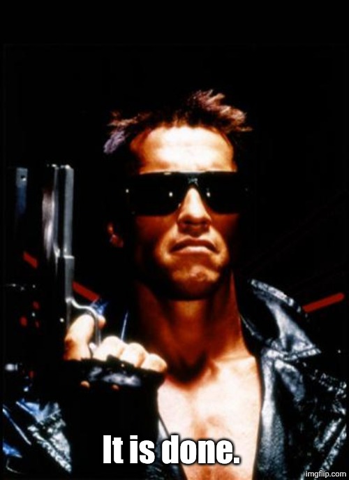 terminator arnold schwarzenegger | It is done. | image tagged in terminator arnold schwarzenegger | made w/ Imgflip meme maker