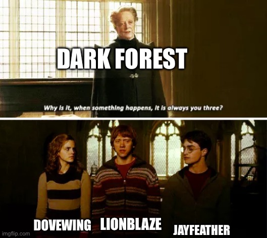 Idk wut to name this lol | DARK FOREST; JAYFEATHER; DOVEWING; LIONBLAZE | image tagged in always you three | made w/ Imgflip meme maker