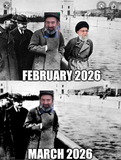 Looks like another 47 years | FEBRUARY 2026; MARCH 2026 | image tagged in stalin boat,leftists,democrats,iran,ayatolla,dictator | made w/ Imgflip meme maker