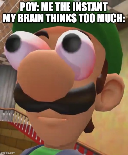 Never think too much. | POV: ME THE INSTANT MY BRAIN THINKS TOO MUCH: | image tagged in luigi has ascended,smg4 | made w/ Imgflip meme maker