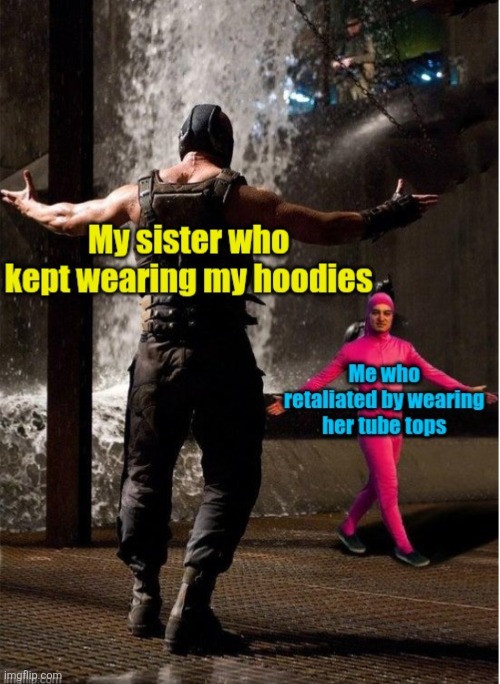 Revenge is sweet | image tagged in memes,siblings,hoodie,tube top,clothes,funny | made w/ Imgflip meme maker