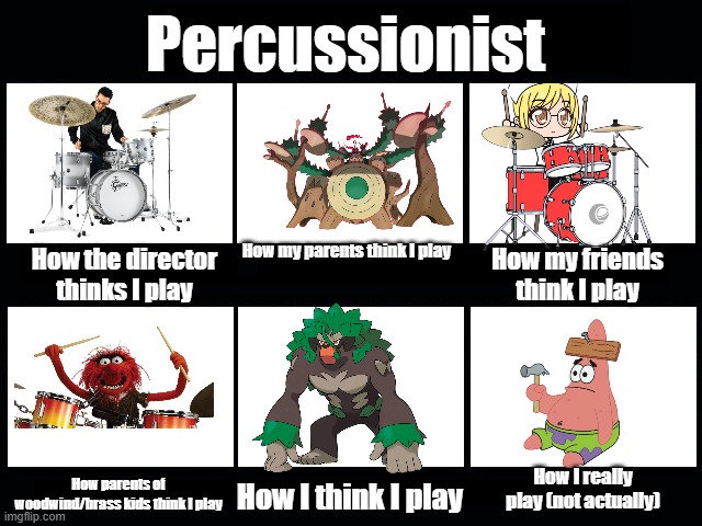 Being a percussionist in a smol school’s band (my HS band is actually less than 30 kids, tiny ngl) | Percussionist; How my parents think I play; How the director thinks I play; How my friends think I play; How I really play (not actually); How parents of woodwind/brass kids think I play; How I think I play | image tagged in what my friends think i do | made w/ Imgflip meme maker