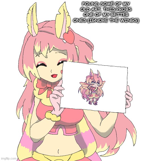 scrolled through old art and found her when I was into Gacha. I think I actually did good with the hair ngl, did I do good | FOUND SOME OF MY OLD ART, THIS PROBS ONE OF MY BETTER ONES (IGNORE THE WINGS) | made w/ Imgflip meme maker