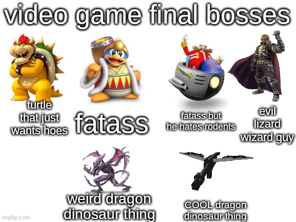 Blank White Template | video game final bosses; turtle that just wants hoes; evil lizard wizard guy; fatass but he hates rodents; fatass; weird dragon dinosaur thing; COOL dragon dinosaur thing | image tagged in blank white template | made w/ Imgflip meme maker
