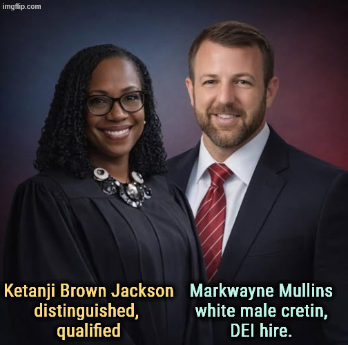 In a meritocracy, she gets the job, he gets the air. | Ketanji Brown Jackson
distinguished, 
qualified; Markwayne Mullins
white male cretin,
DEI hire. | image tagged in ketanji brown jackson,smart,qualified,markwayne mullins,idiot,trump unfit unqualified dangerous | made w/ Imgflip meme maker