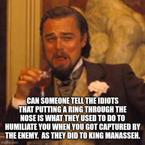 Laughing Leo Meme | CAN SOMEONE TELL THE IDIOTS THAT PUTTING A RING THROUGH THE NOSE IS WHAT THEY USED TO DO TO HUMILIATE YOU WHEN YOU GOT CAPTURED BY THE ENEMY | image tagged in memes,laughing leo | made w/ Imgflip meme maker