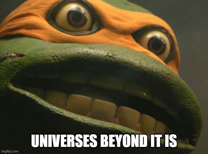 Intense ninja turtle | UNIVERSES BEYOND IT IS | image tagged in intense ninja turtle | made w/ Imgflip meme maker