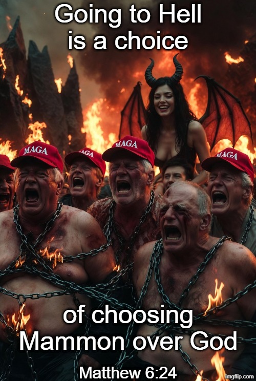 Going to Hell is a choice of choosing Mammon over God Matthew 6:24 | Going to Hell
is a choice; of choosing
Mammon over God; Matthew 6:24 | image tagged in bible,christians christianity,evil,satan,jesus | made w/ Imgflip meme maker