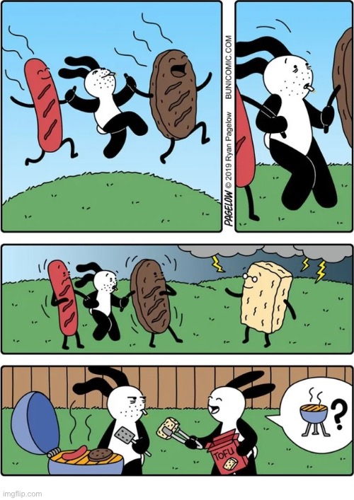 Buni Comics -Meat vs. tofu | image tagged in comics,buni comics,meat,grill,tofu,dancing | made w/ Imgflip meme maker