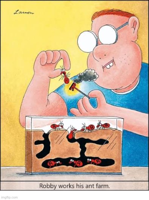 That’s quite a herd he’s got there… | image tagged in the far side,comics,ant farm,nerd,branding iron,livestock | made w/ Imgflip meme maker