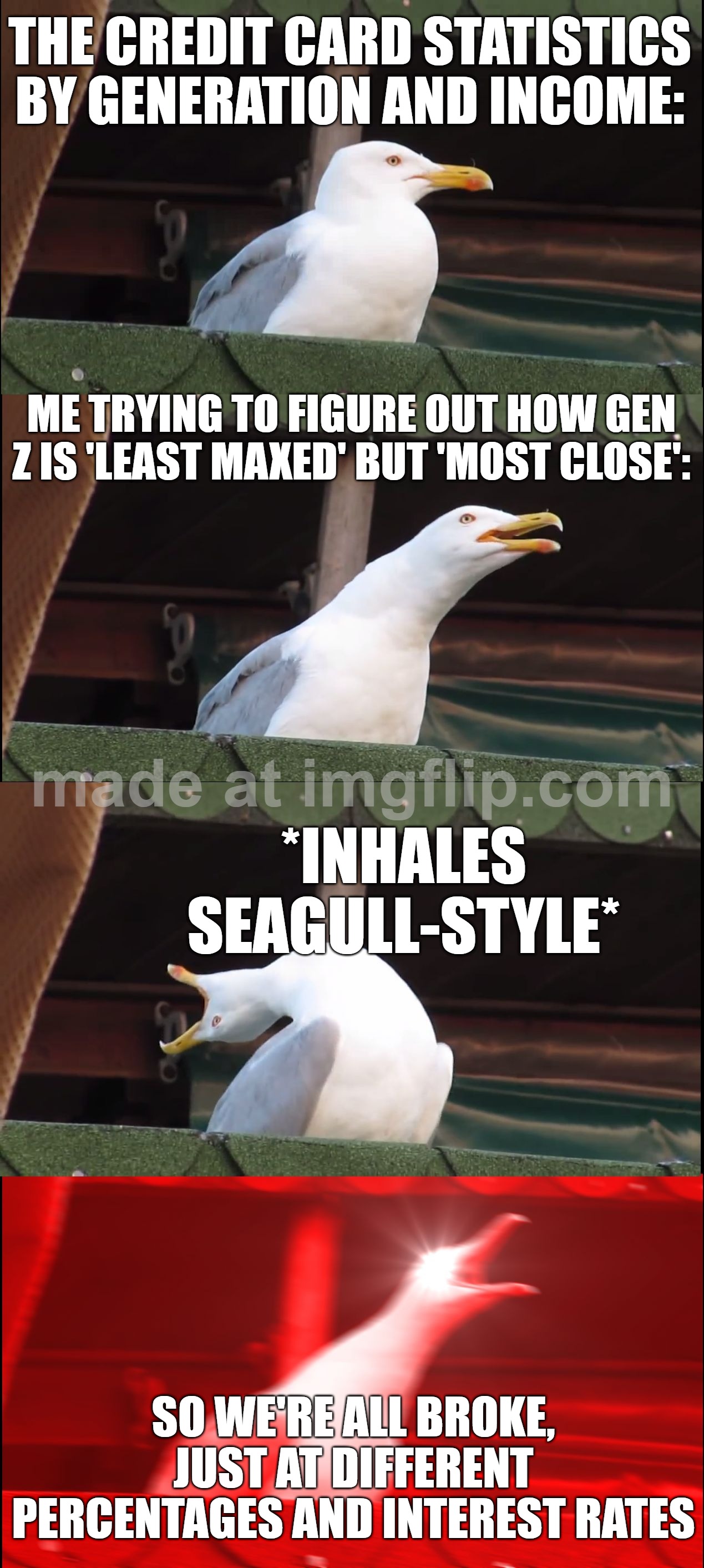 SO WE'RE ALL BROKE, JUST AT DIFFERENT PERCENTAGES AND INTEREST RATES | THE CREDIT CARD STATISTICS BY GENERATION AND INCOME:; ME TRYING TO FIGURE OUT HOW GEN Z IS 'LEAST MAXED' BUT 'MOST CLOSE':; *INHALES SEAGULL-STYLE*; SO WE'RE ALL BROKE, JUST AT DIFFERENT PERCENTAGES AND INTEREST RATES | image tagged in memes,inhaling seagull,economy,debt,gen z humor,boomer humor millennial humor gen-z humor | made w/ Imgflip meme maker