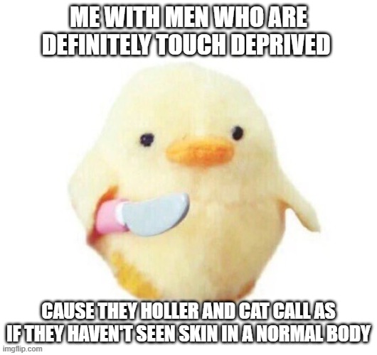 Duck with knife | ME WITH MEN WHO ARE DEFINITELY TOUCH DEPRIVED; CAUSE THEY HOLLER AND CAT CALL AS IF THEY HAVEN'T SEEN SKIN IN A NORMAL BODY | image tagged in duck with knife | made w/ Imgflip meme maker