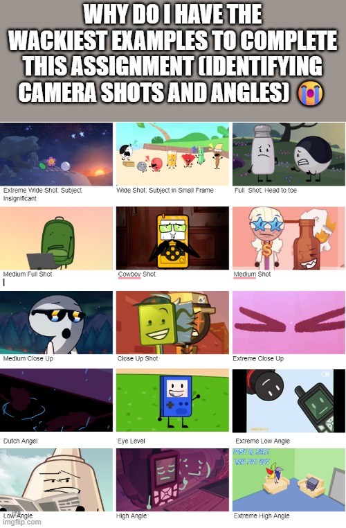 mind you this is the finest work of a COLLEGE student | WHY DO I HAVE THE WACKIEST EXAMPLES TO COMPLETE THIS ASSIGNMENT (IDENTIFYING CAMERA SHOTS AND ANGLES) 😭 | made w/ Imgflip meme maker