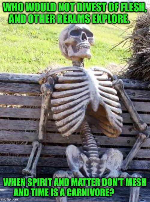 Waiting Skeleton Meme | WHO WOULD NOT DIVEST OF FLESH, AND OTHER REALMS EXPLORE. WHEN SPIRIT AND MATTER DON’T MESH AND TIME IS A CARNIVORE? | image tagged in memes,waiting skeleton | made w/ Imgflip meme maker