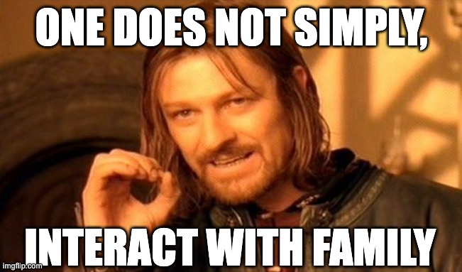 One Does Not Simply Meme | ONE DOES NOT SIMPLY, INTERACT WITH FAMILY | image tagged in memes,one does not simply | made w/ Imgflip meme maker