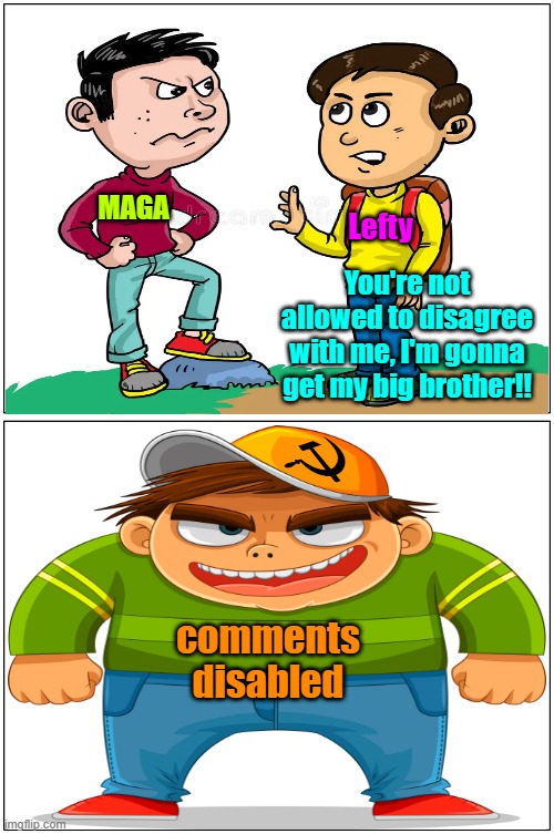 It just proves how weak their arguments are | MAGA; Lefty; You're not allowed to disagree with me, I'm gonna get my big brother!! comments disabled | image tagged in comments,liberal vs conservative,maga,1st amendment,weak | made w/ Imgflip meme maker
