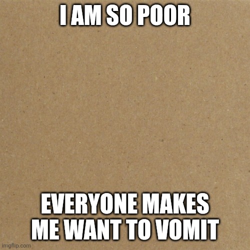 Blank Homeless Sign | I AM SO POOR; EVERYONE MAKES ME WANT TO VOMIT | image tagged in blank homeless sign | made w/ Imgflip meme maker
