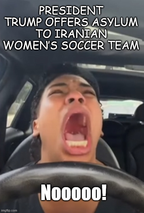 Screaming Liberal | Nooooo! PRESIDENT TRUMP OFFERS ASYLUM TO IRANIAN WOMEN’S SOCCER TEAM | image tagged in screaming liberal | made w/ Imgflip meme maker