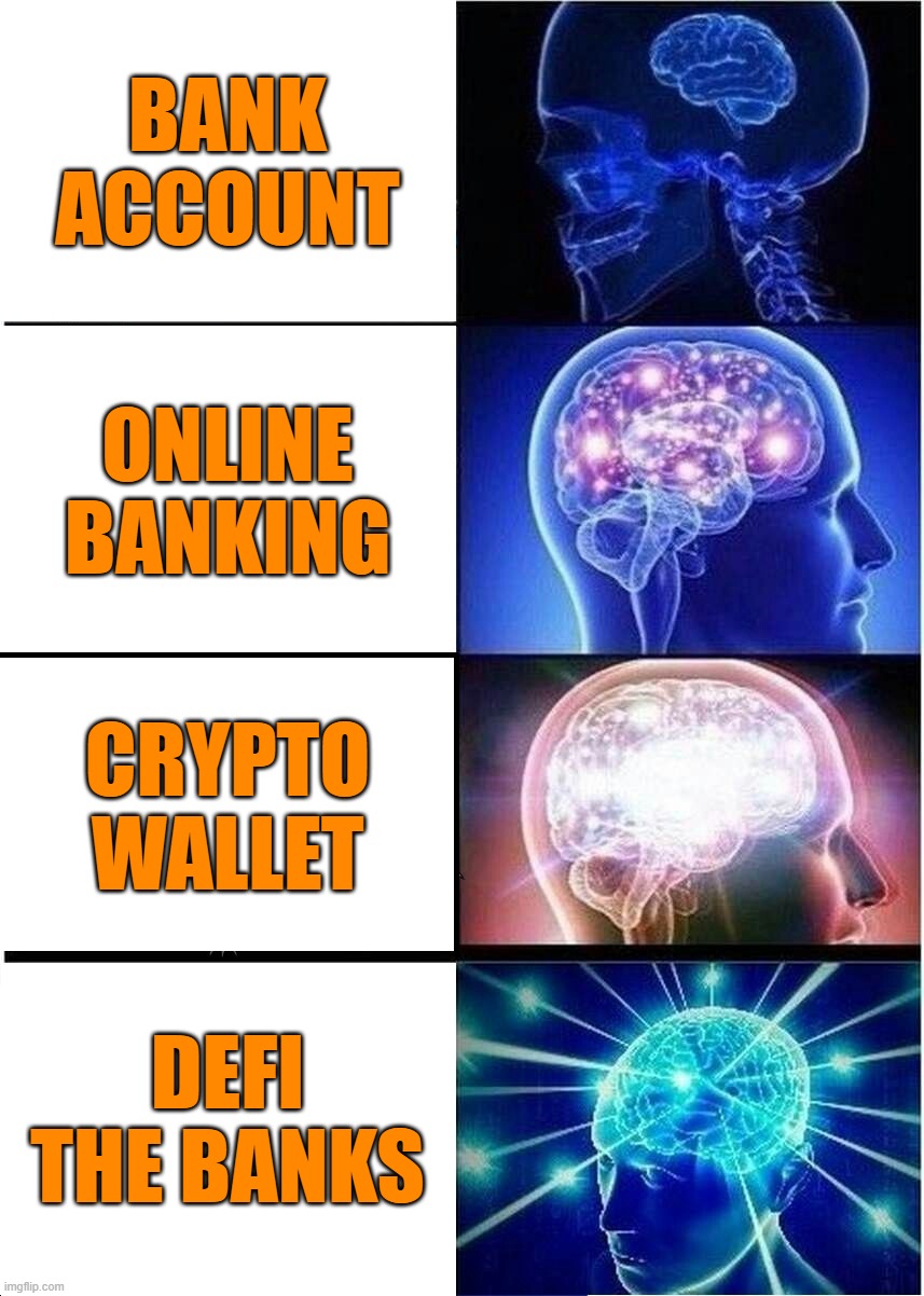 The evolution of finance. | BANK ACCOUNT; ONLINE BANKING; CRYPTO WALLET; DEFI THE BANKS | image tagged in memes,expanding brain | made w/ Imgflip meme maker