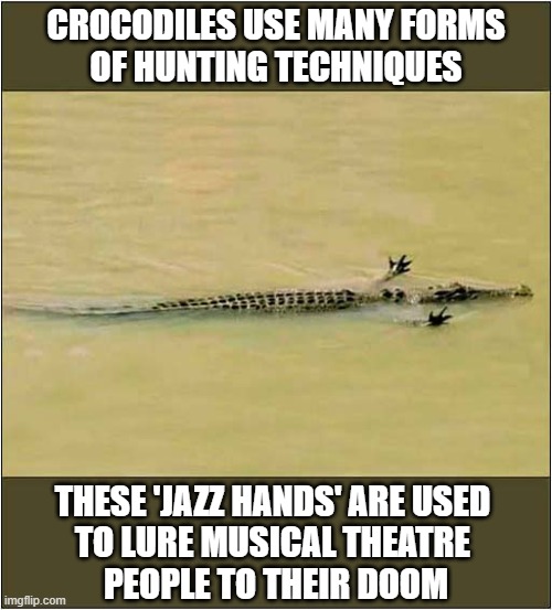 Never Smile At A Crocodile ! | CROCODILES USE MANY FORMS
OF HUNTING TECHNIQUES; THESE 'JAZZ HANDS' ARE USED 
TO LURE MUSICAL THEATRE 
PEOPLE TO THEIR DOOM | image tagged in crocodile,jazz hands,theatre,doom | made w/ Imgflip meme maker