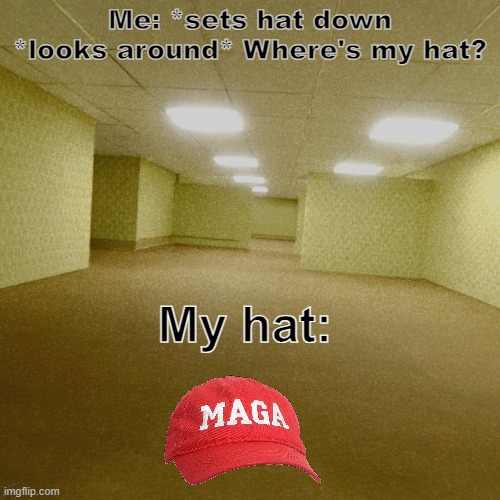 backrooms | Me: *sets hat down
*looks around* Where's my hat? My hat: | image tagged in backrooms | made w/ Imgflip meme maker