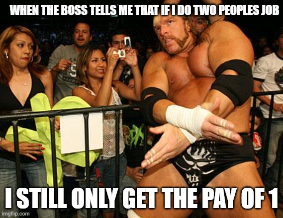 Suck it! | WHEN THE BOSS TELLS ME THAT IF I DO TWO PEOPLES JOB; I STILL ONLY GET THE PAY OF 1 | image tagged in triple h dx | made w/ Imgflip meme maker