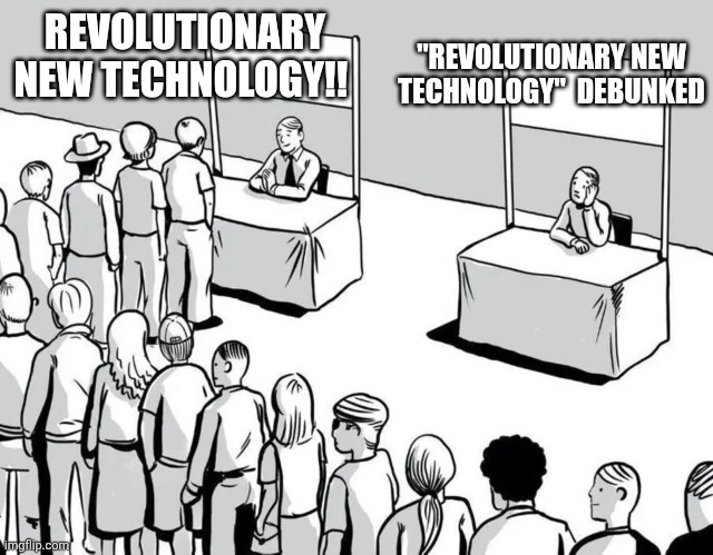 crowded vs empty stall | REVOLUTIONARY NEW TECHNOLOGY!! "REVOLUTIONARY NEW TECHNOLOGY"  DEBUNKED | image tagged in crowded vs empty stall | made w/ Imgflip meme maker