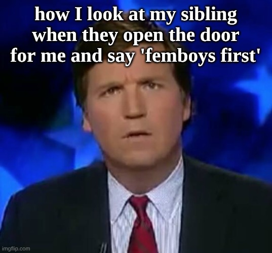 like what </3 | how I look at my sibling when they open the door for me and say 'femboys first' | image tagged in confused tucker carlson,femboy,sibling,confused | made w/ Imgflip meme maker