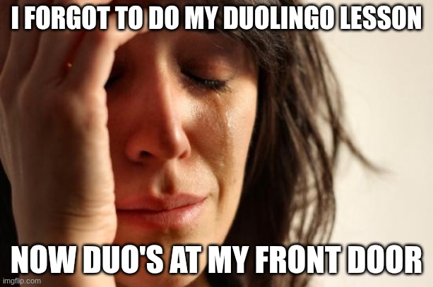 I have 598 days right now, so I am not gonna break my streak. | I FORGOT TO DO MY DUOLINGO LESSON; NOW DUO'S AT MY FRONT DOOR | image tagged in memes,first world problems | made w/ Imgflip meme maker