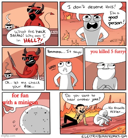 uhhhhhhhhhhhhhhhhhhhhhhhhhhhhhhhhhhhhhhhh, am I cooked??? | you killed 5 furrys; for fun with a minigun | image tagged in why am i in hell,anti furry,joke | made w/ Imgflip meme maker