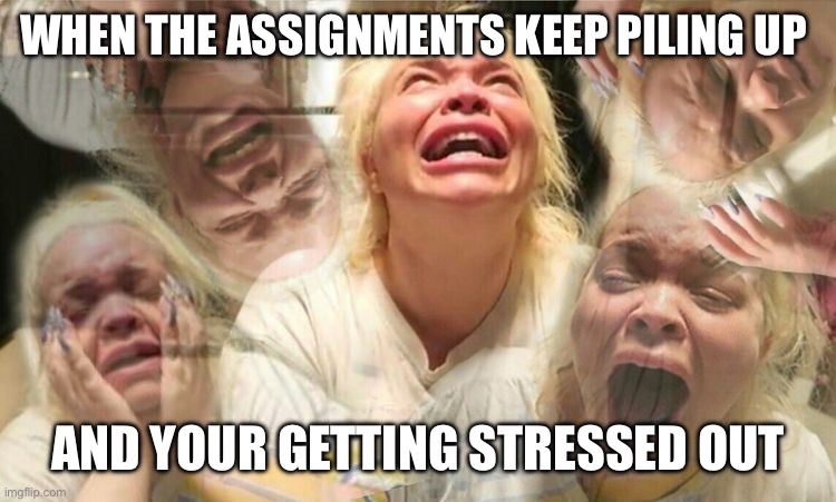 being stressed out because of school | WHEN THE ASSIGNMENTS KEEP PILING UP; AND YOUR GETTING STRESSED OUT | image tagged in funny,school memes | made w/ Imgflip meme maker