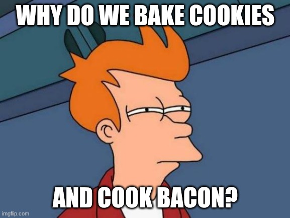 Something ain't right here | WHY DO WE BAKE COOKIES; AND COOK BACON? | image tagged in memes,futurama fry | made w/ Imgflip meme maker