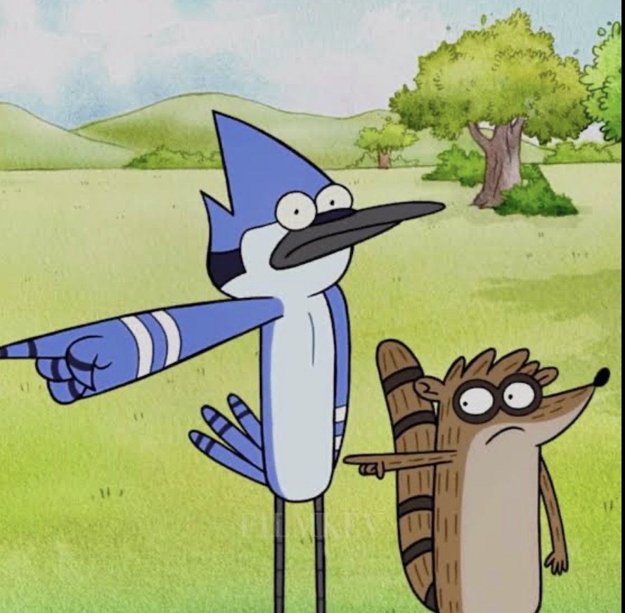 Mordecai and Rigby pointing Blank Meme Template