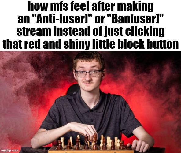 isn't doing this against the terms of service or am i wrong | how mfs feel after making an "Anti-[user]" or "Ban[user]" stream instead of just clicking that red and shiny little block button | image tagged in smirking chess guy | made w/ Imgflip meme maker