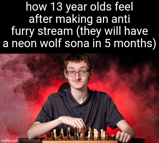 yeah i sure showed those furries not to mess with us cool kids | how 13 year olds feel after making an anti furry stream (they will have a neon wolf sona in 5 months) | image tagged in smirking chess guy | made w/ Imgflip meme maker