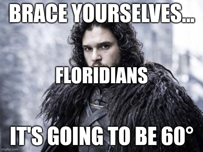 jon snow | BRACE YOURSELVES... FLORIDIANS; IT'S GOING TO BE 60° | image tagged in jon snow | made w/ Imgflip meme maker