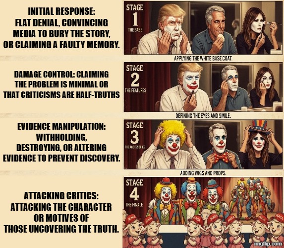 4 Stages of a Cover-Up Strategy | INITIAL RESPONSE: FLAT DENIAL, CONVINCING MEDIA TO BURY THE STORY, OR CLAIMING A FAULTY MEMORY. DAMAGE CONTROL: CLAIMING THE PROBLEM IS MINIMAL OR THAT CRITICISMS ARE HALF-TRUTHS; EVIDENCE MANIPULATION: WITHHOLDING, DESTROYING, OR ALTERING EVIDENCE TO PREVENT DISCOVERY. ATTACKING CRITICS: ATTACKING THE CHARACTER OR MOTIVES OF THOSE UNCOVERING THE TRUTH. | image tagged in clown applying makeup,creepy clowns,clowns,trump,melania trump,jeffrey epstein | made w/ Imgflip meme maker