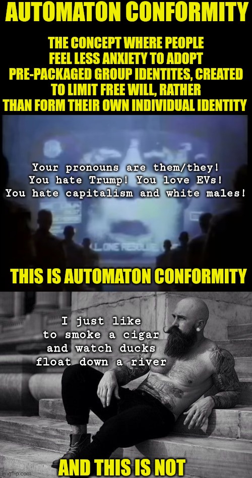Automaton Conformity is a concept that's been around 80+ years. Democrats use it daily. | AUTOMATON CONFORMITY; THE CONCEPT WHERE PEOPLE FEEL LESS ANXIETY TO ADOPT PRE-PACKAGED GROUP IDENTITES, CREATED TO LIMIT FREE WILL, RATHER THAN FORM THEIR OWN INDIVIDUAL IDENTITY; Your pronouns are them/they! You hate Trump! You love EVs! You hate capitalism and white males! THIS IS AUTOMATON CONFORMITY; I just like to smoke a cigar and watch ducks float down a river; AND THIS IS NOT | image tagged in real man advice,identity politics,brainwashing,free will,liberal logic,freedom | made w/ Imgflip meme maker