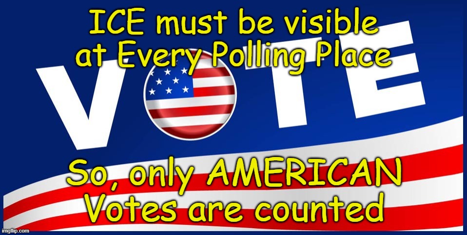 ICE must be at every polling place to keep the democrats from cheating! | ICE must be visible at Every Polling Place; So, only AMERICAN Votes are counted | image tagged in vote,ice,polling | made w/ Imgflip meme maker