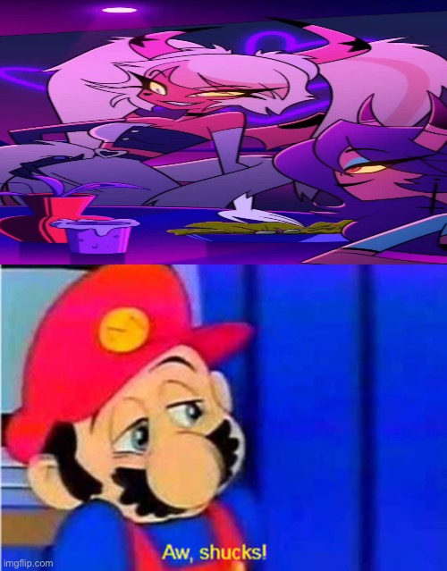 Mario blushes for Verosika’s new outfit | image tagged in crushes,deviantart,helluva boss,mario | made w/ Imgflip meme maker