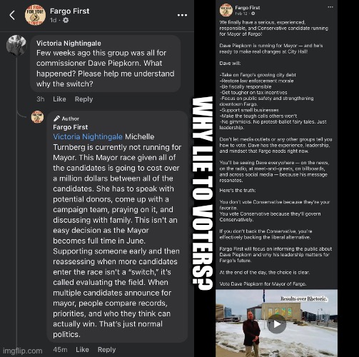 Fargo First for Piepkorn | WHY LIE TO VOTERS? | image tagged in fargo first,dave piepkorn,michelle turnberg,mayor,fargo,north dakota | made w/ Imgflip meme maker