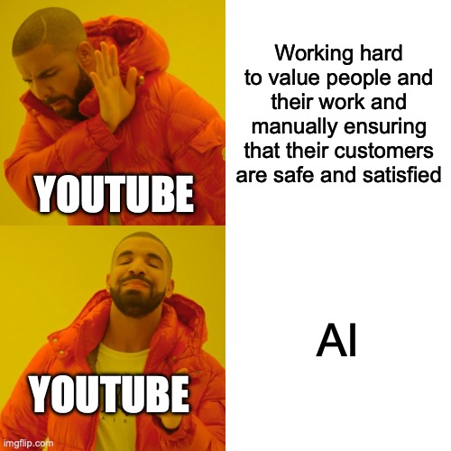Are there even any humans working there anymore? | Working hard to value people and their work and manually ensuring that their customers are safe and satisfied; YOUTUBE; AI; YOUTUBE | image tagged in memes,drake hotline bling,youtube | made w/ Imgflip meme maker