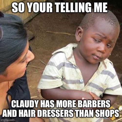 Third World Skeptical Kid | SO YOUR TELLING ME; CLAUDY HAS MORE BARBERS AND HAIR DRESSERS THAN SHOPS | image tagged in memes,third world skeptical kid | made w/ Imgflip meme maker