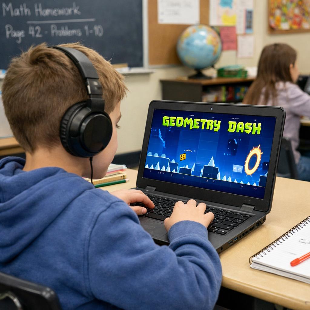 kid on computer playing geometry dash in school Blank Meme Template