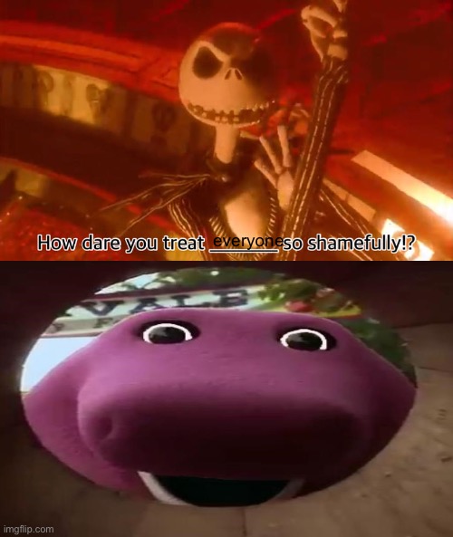 Jack defeats Barney | everyone | image tagged in jack scares who,jack skellington,nightmare before christmas,barney,barney sucks | made w/ Imgflip meme maker