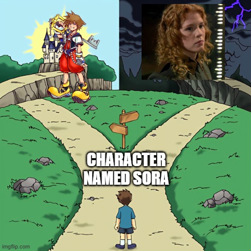 Sora | CHARACTER NAMED SORA | image tagged in two castles | made w/ Imgflip meme maker