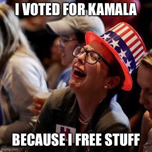 Crying Democrat | I VOTED FOR KAMALA BECAUSE I FREE STUFF | image tagged in crying democrat | made w/ Imgflip meme maker