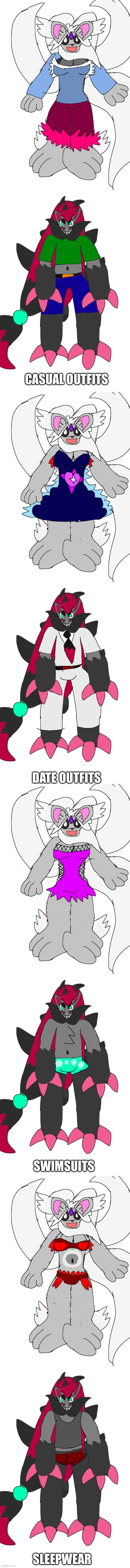 Mincy & Shifty's different outfits | CASUAL OUTFITS; DATE OUTFITS; SWIMSUITS; SLEEPWEAR | made w/ Imgflip meme maker