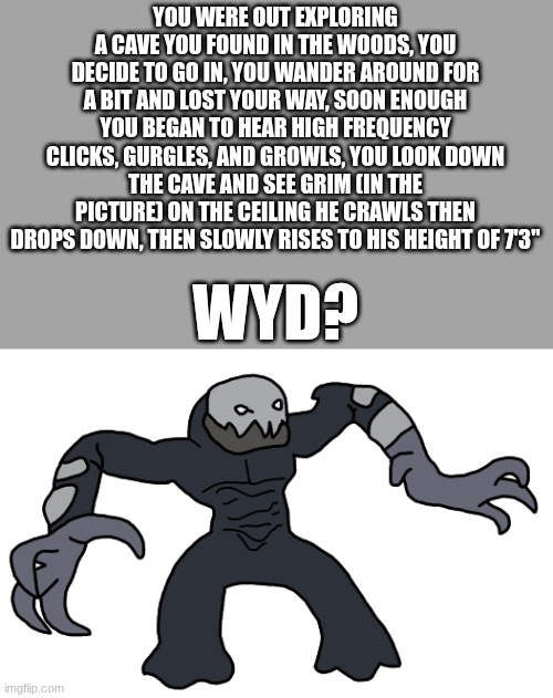 Cave exploring gone wrong! | YOU WERE OUT EXPLORING A CAVE YOU FOUND IN THE WOODS, YOU DECIDE TO GO IN, YOU WANDER AROUND FOR A BIT AND LOST YOUR WAY, SOON ENOUGH YOU BEGAN TO HEAR HIGH FREQUENCY CLICKS, GURGLES, AND GROWLS, YOU LOOK DOWN THE CAVE AND SEE GRIM (IN THE PICTURE) ON THE CEILING HE CRAWLS THEN DROPS DOWN, THEN SLOWLY RISES TO HIS HEIGHT OF 7'3"; WYD? | made w/ Imgflip meme maker